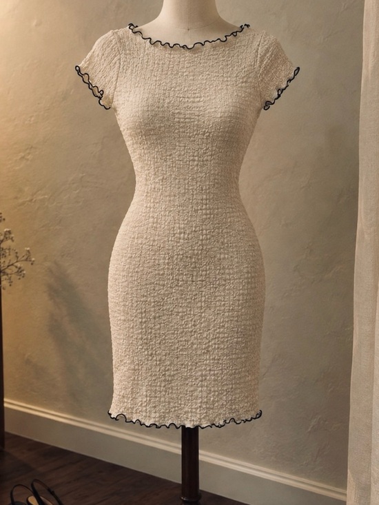 H&M Dresses & Skirts - H&M Cream Textured Sheath Dress with Black Ruffle Trim